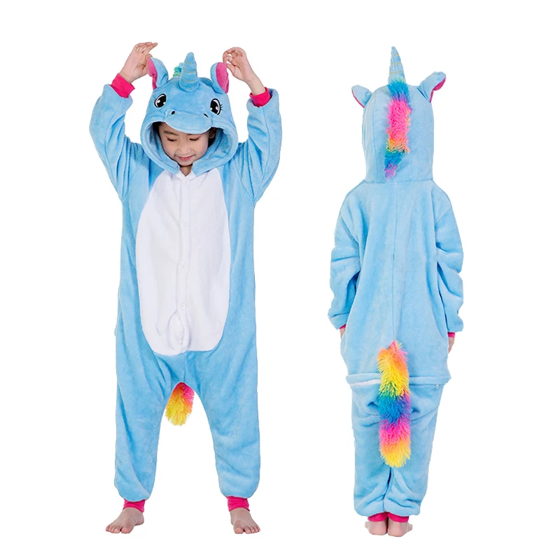 Kigurumi Onesie/Детские пижамы, пижамы с единорогом для мальчиков и девочек, зимние пижамы с животными, детская одежда для сна, Комбинезоны для подростков 4, 6, 8, 10 лет - Цвет: Blue Pegasus