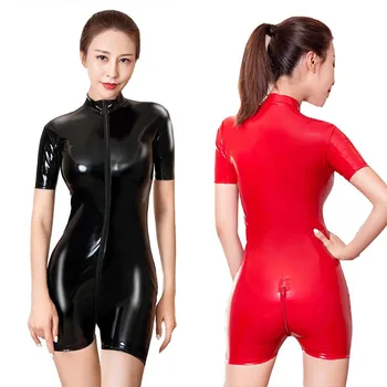 

Latex Look Women Shiny Romper Sexy PVC Leather Jumpsuit Zipper Open Bodycon Bodysuit Catsuit Mistress Fetish Costume