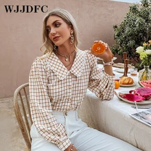 

WJJDFC Ladies Autumn Long Sleeve Shirt Plaid Checkered Pattern Print Lace Doll Collar Button Simple Casual Slim Women Top 2022