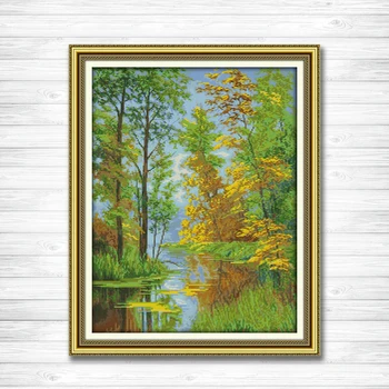 

River Reflection view countryside Scenery,Counted print on canvas DMC 14CT 11CT DMS Cross Stitch Needlework kits Embroidery Sets
