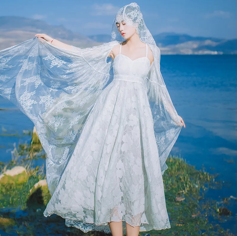 

2019 Spring And Autumn New Style Lace Hooded Mantle Backless Strap Dress Two-Piece Set Fairy Skirt Seaside Holiday Immortal