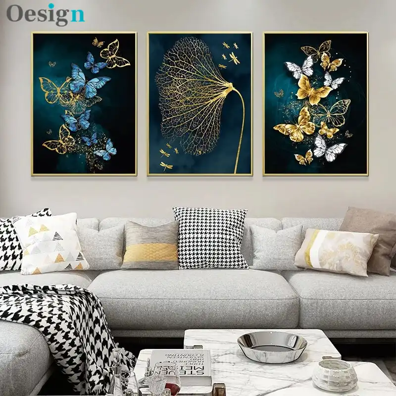 Moderne minimaliste affiche bleu or papillon photo sur toile mur toile  peinture murale décoration pour salon décor à la maison | AliExpress