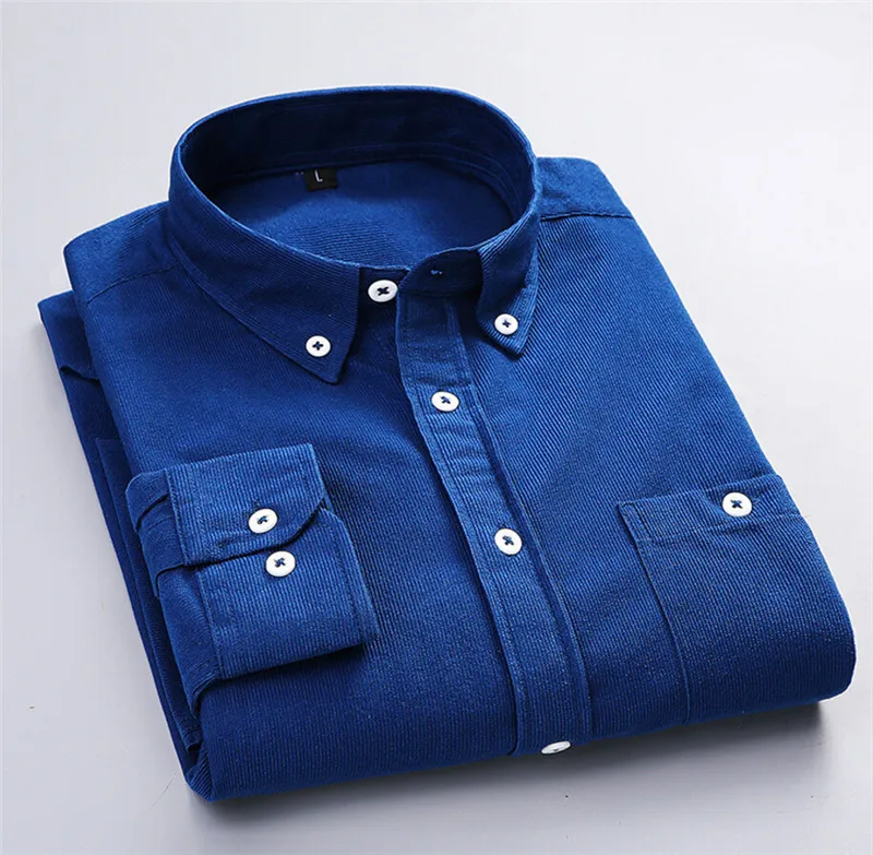 Denim Blue Осенняя Вельветовая рубашка мужская Повседневная блуза с длинными рукавами рубашка на пуговицах рубашки - Цвет: Denim Blue
