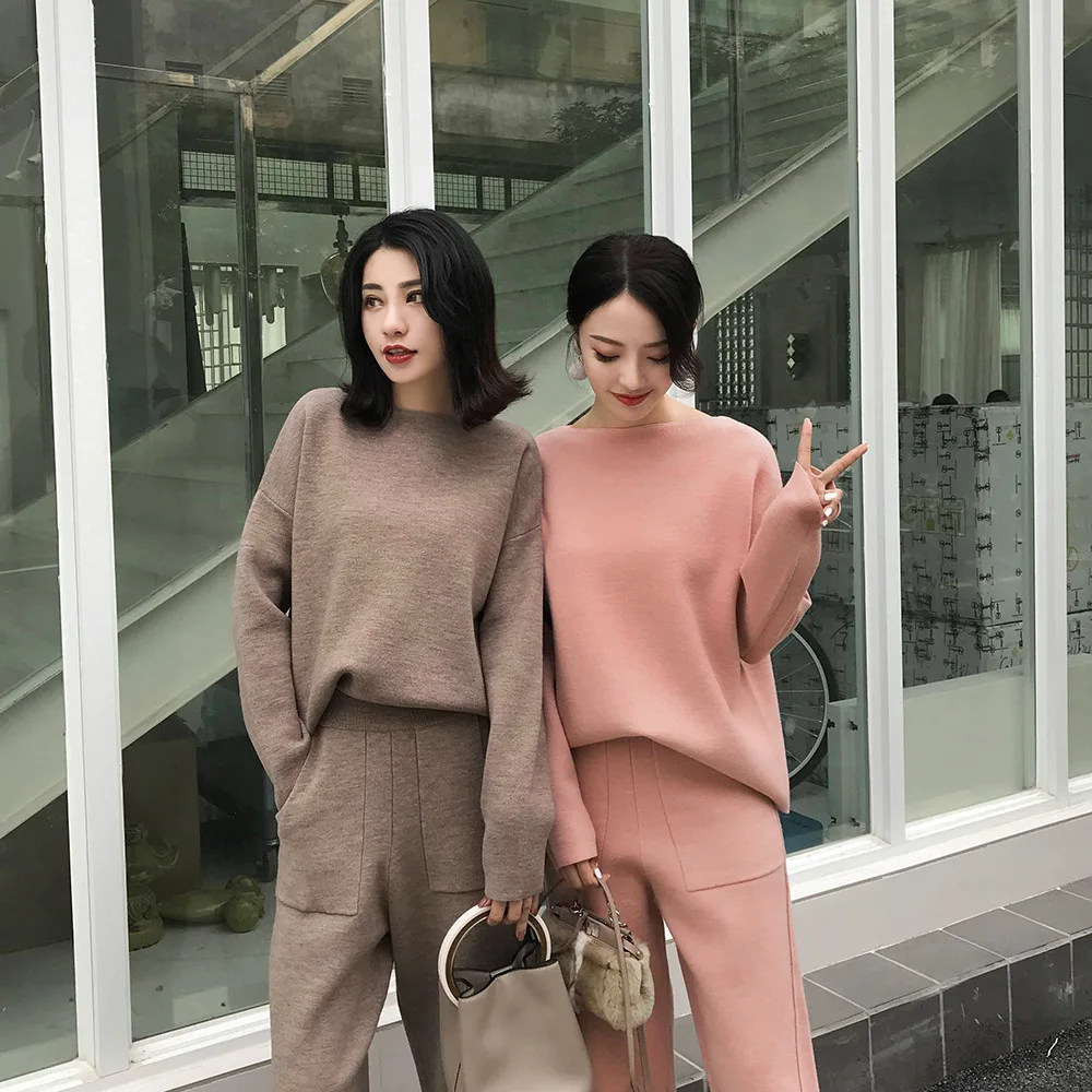 

women set 2020fall clothes for women New All-match Slim round Neck Sweater Wide Leg Pants Sweater 2 Piece Suit simple style