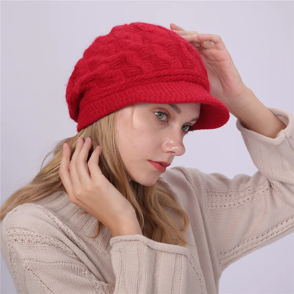 Sparsil Женское зимнее, связанное из шерсти шляпа с полями кролик кепки с козырьками бархат утолщаются теплый берет сплошной цвет твист восьмиугольный женский