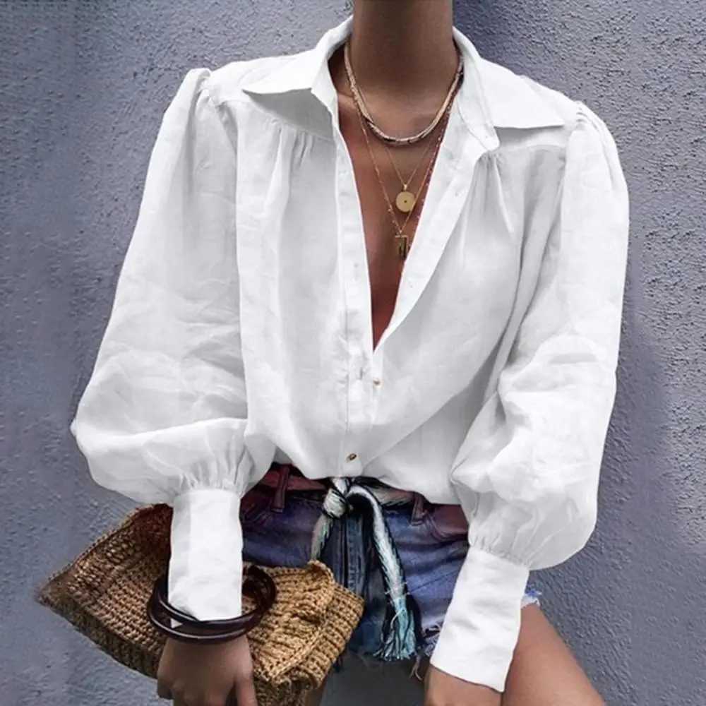 

Autumn Sexy Notched Collar OL Blouse Women Lantern Long Sleeve Button Blusa Loose Shirt Solid Femme Tops Blouses Blusas Mujer