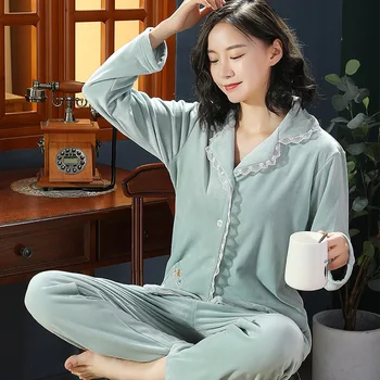 

Women 2PCS Pajamas Set Winter Flannel Nightwear Cute Cartoon Lace Sleepwear Sleep Set Coral Fleece Home Clothes Casual Negligee