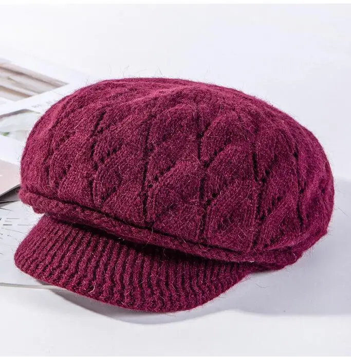 Зимняя шапка для женщин Skullies Beanie Hat Женская зимняя маска для волос с кроликом Балаклава Gorras cap s вязаная шапка - Цвет: wine red