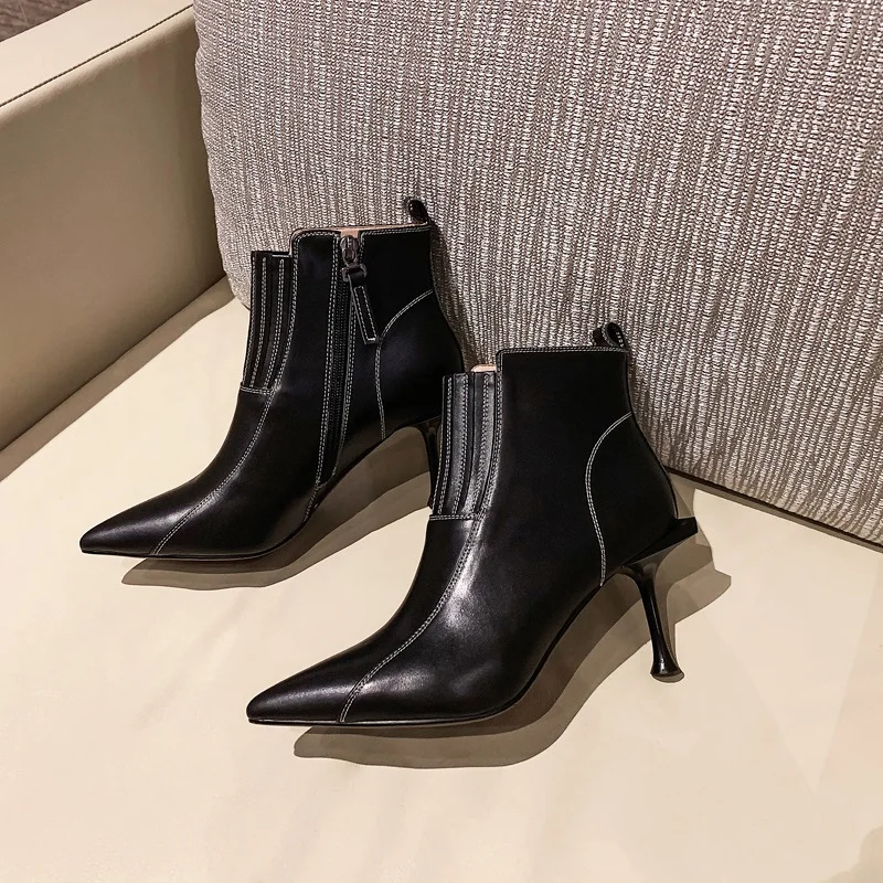 ZVQ-зимние новые модные пикантные ботильоны женская обувь с острым носком из высококачественной натуральной кожи Прямая поставка, размер 33-40 - Цвет: black