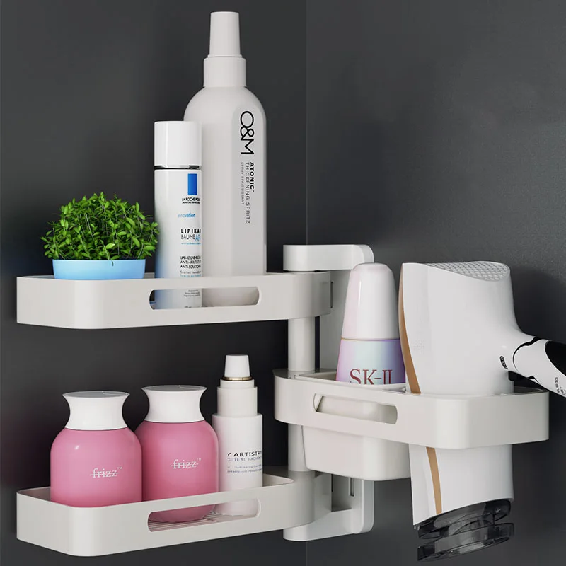 

3 layer adhesive bathroom shelf rotating wall mounted shelf floating bathroom organizer with hair dryer holder