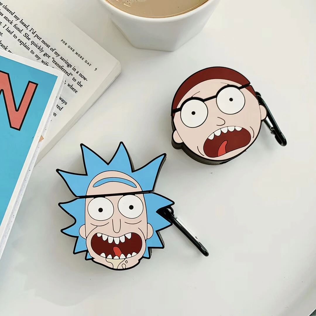 New Rick and Morty Earphone Cases for AirPods 1 2 Bluetooth Headset Charging Box Cover Headphone Silicone Case with Hook