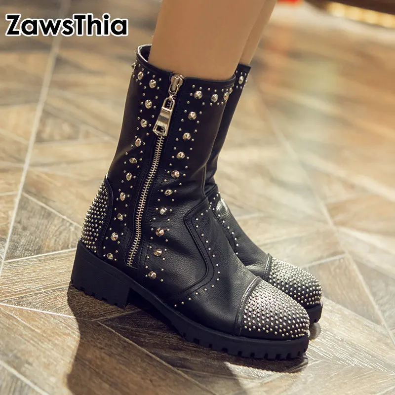 

ZawsThia genuine leather punk luxury brand woman boots chunky med heels cool women motorcycle martin boots with studded rivets