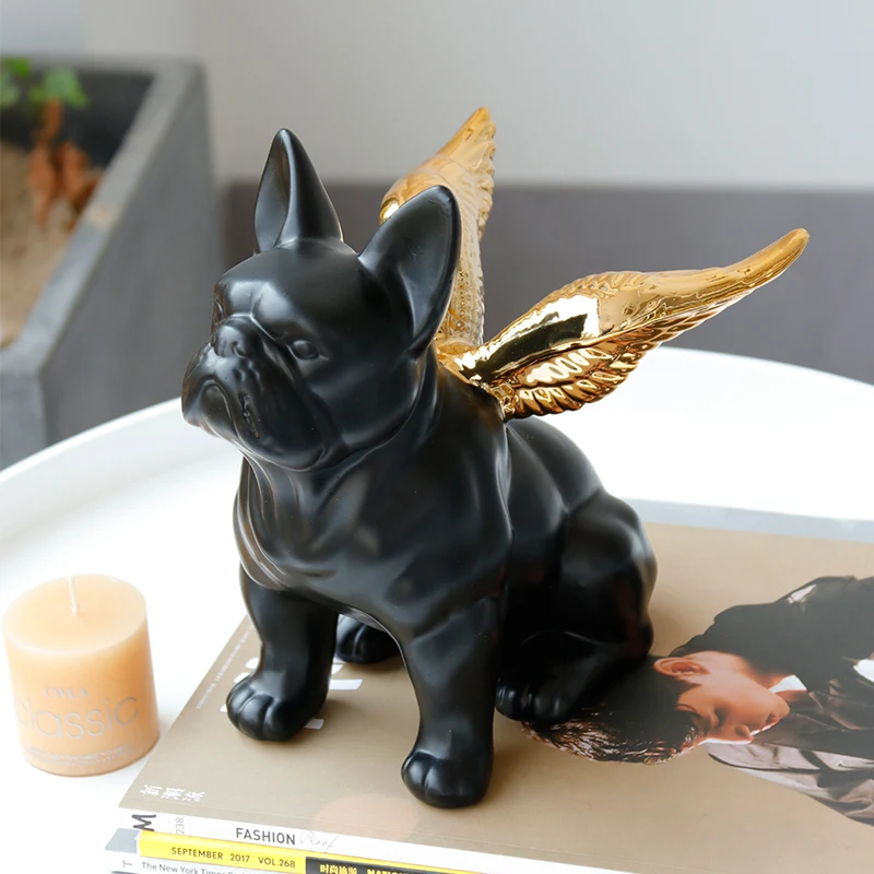 Большой керамический черный французский бульдог с золотым крылом статуя ручной работы скульптура животного Коллекционная художественная статуэтка лучший подарок домашний декор