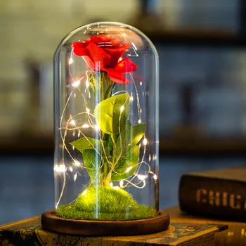 

Glittery Artificial Flower Silk Rose and LED Light String in Glass Dome The Best Gift for Valentine's Day Holiday Home Decor
