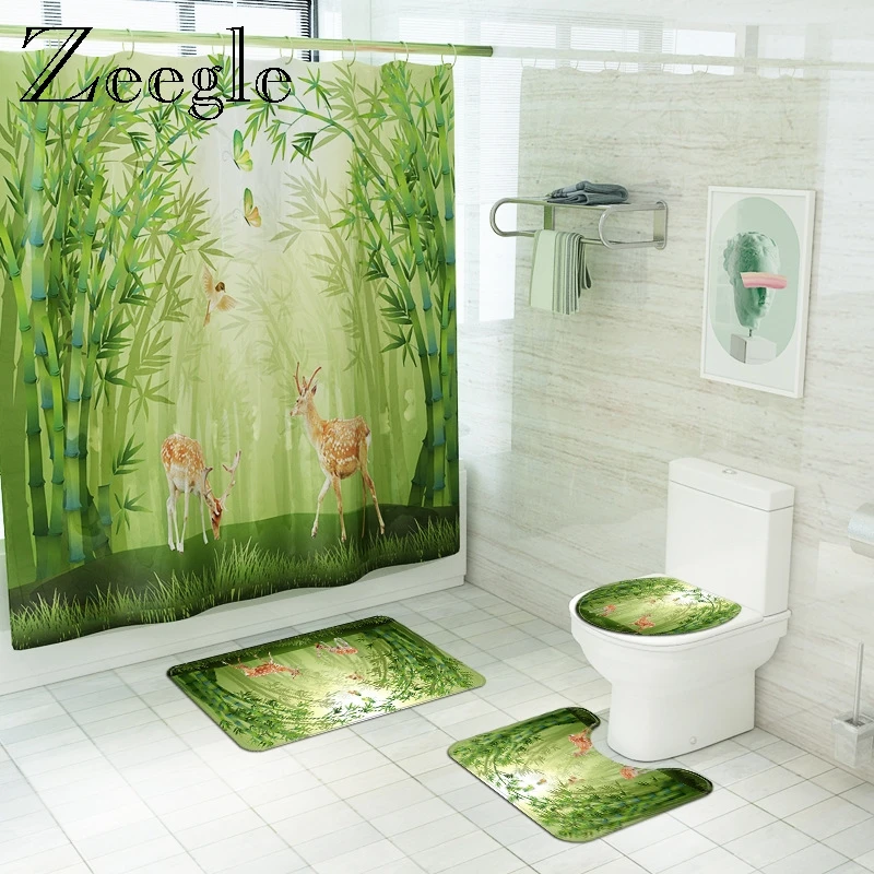 Printed Bamboo Bath Mat and Shower Curtain Set Polyester Waterproof Bathroom Curtain Bathroom Floor Mat Toilet Foot Rugs