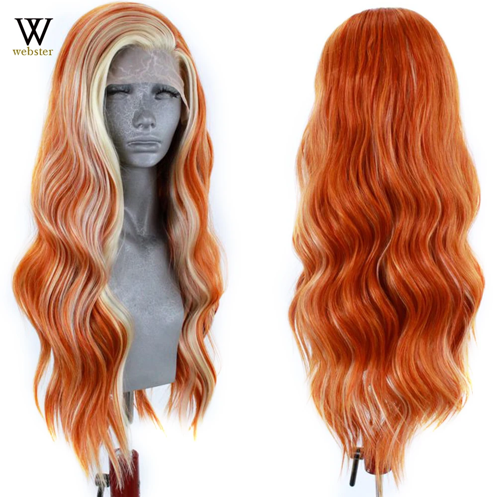 Websterwigs Orange Color Lace Front Wig for Women Synthetic Lace Wigs Side Part Highlight Blonde Wig Long Wavy Wigs