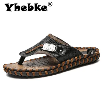 

2020 Fashion Male Summer Slippers Mens Genuine Leather Slippers Outdoor Flip Flops Flat Water Shoes Solid Classic Casual Shoes