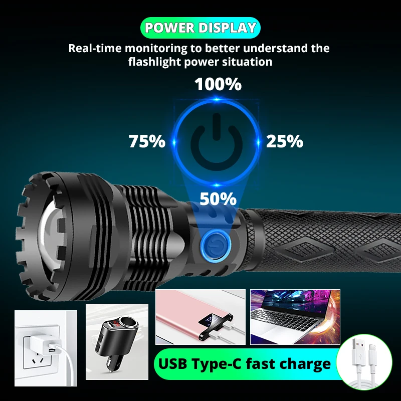  2020 EST XHP70 LED Flashlight 50W Powerful Camping Bright USB Charging 26650 Multifunctional Zoom L - 4000464994927