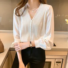 Aliexpress - Korean Blouse Women Chiffon Blouses Women Long Sleeve Shirts Tops Plus Size Woman White Shirt Woman V-Neck Shirts Pleated Blouse