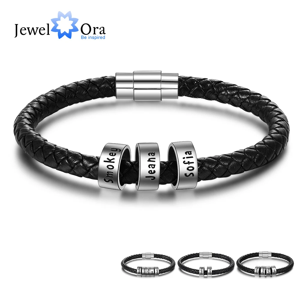 Bracelet Names Customized Family Men Beads Magentic with 1-6 Black Rope Buckle