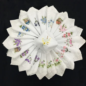 12Pcs Classic   Cotton Beautiful Handkerchiefs Women Washable Pocket Embroidered Lace Hankie Towel Lot 28x28cm