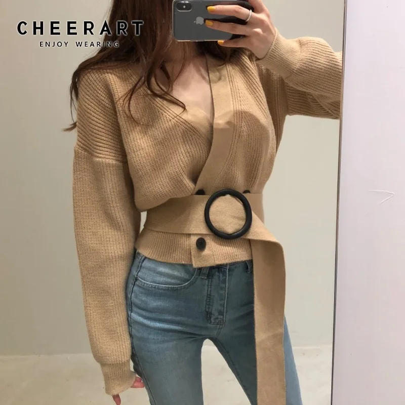 

Cheerart V Neck Sweater Cardigan Women Cropped Korean Cardigan With Belt Double-Breasted Knitted Cardigan Fall 2019 Knitwear