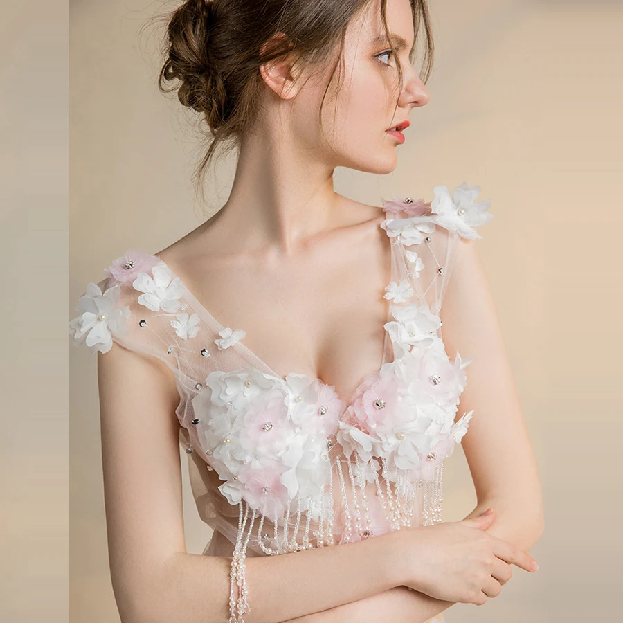 Skyyue с цветочной аппликацией без рукавов платья Robe De Soiree двойной V-образным вырезом Русалка вечернее платье вечерние платья H062