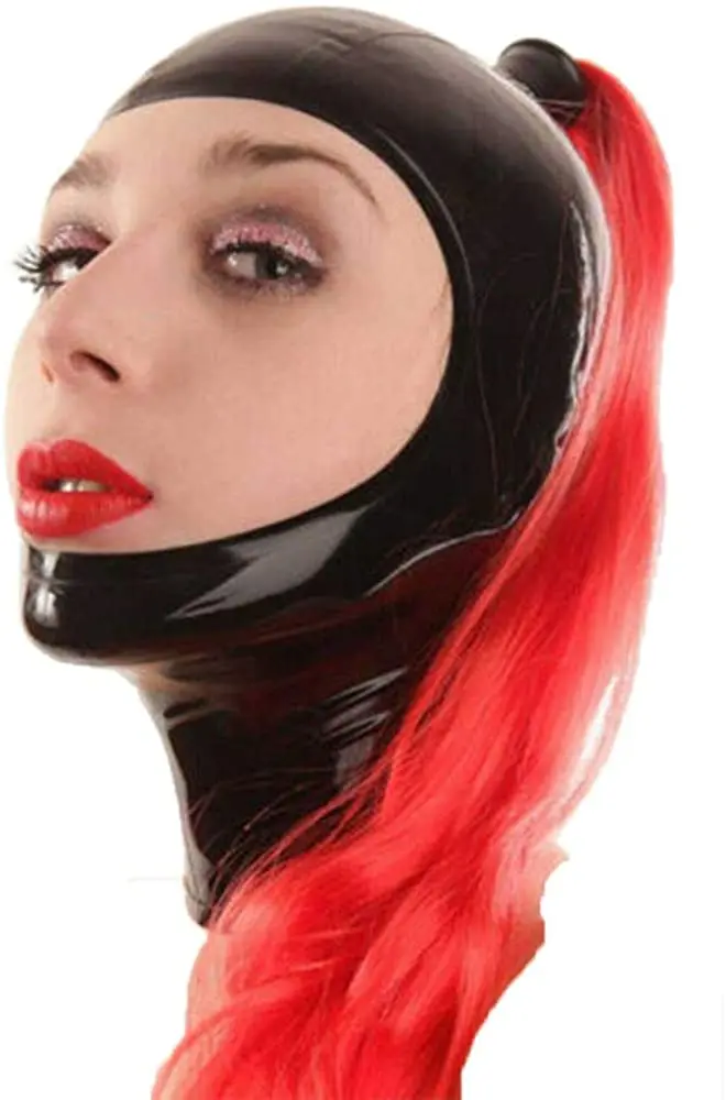 

Latex Hood with Ponytail Wig Back Zipper Open Face Rubber Mask Cos Club Wear