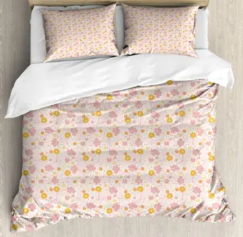 

Flowers Insects Duvet Cover Set Ladybugs and Polka Dots Pattern 3 Piece Bedding Set Pale Earth Yellow Pale Salmon Eggshell