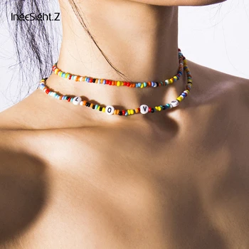 

IngeSight.Z 2Pcs/Lot Bohemian Colorful Bead Choker Necklace Collar Statement Letter LOVE Clavicle Chain Women Necklaces Jewelry