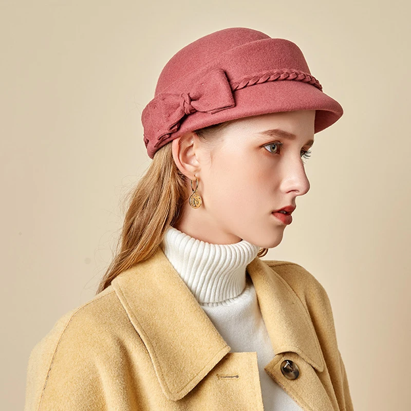 

New style autumn winter high grade woolen elegance female retro bowknot braid banquet party fedoras ease match street beret cap