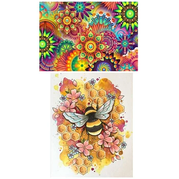 

2 Set Full Round Diamond 5D Diy Diamond Painting Cross Stitch - Bee Collecting Honey & Colorful Flower