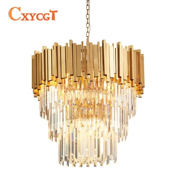 

Modern Chandelier Lighting Luxury Living Room Kitchen Island Crystal Lights Long Gold Polished Steel Hanging LED Lustre
