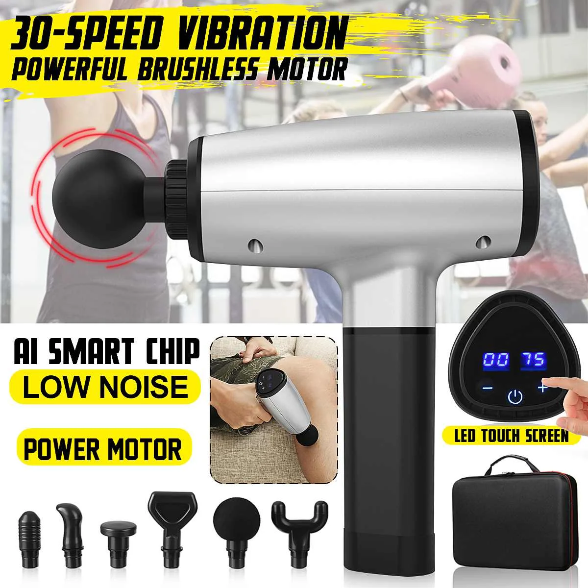

Therapy Massage Guns LED Digital Display Muscle 30 Gears Massager Vibration Relaxing Slimming Deep Tissue Massage with 6 Heads