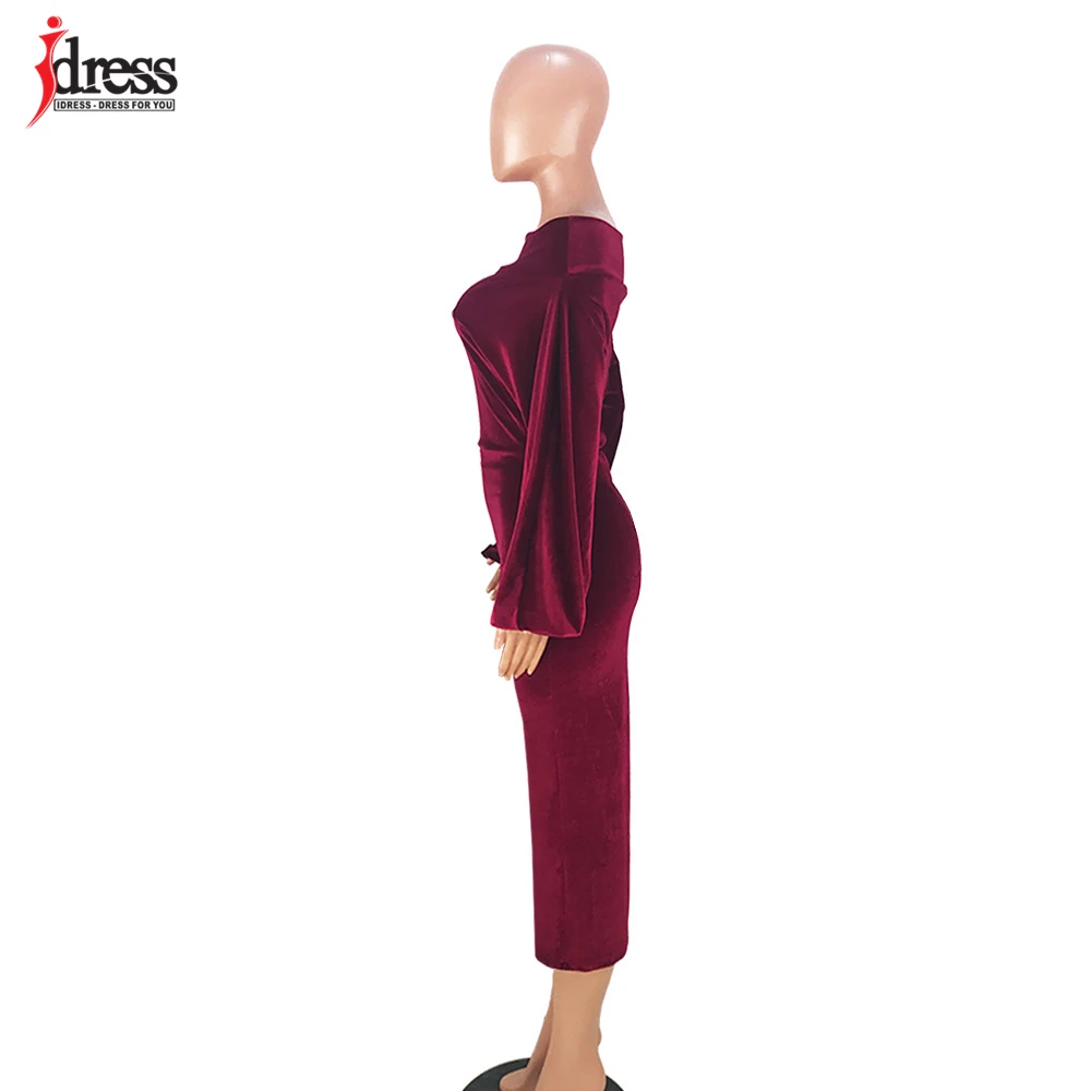 IDress 2020 Sexy Slim Off-Shoulder Nightclub Black Green Red Party Dress Lady Long Sleeve Bodycon Autumn Winter Velvet Dress (2)