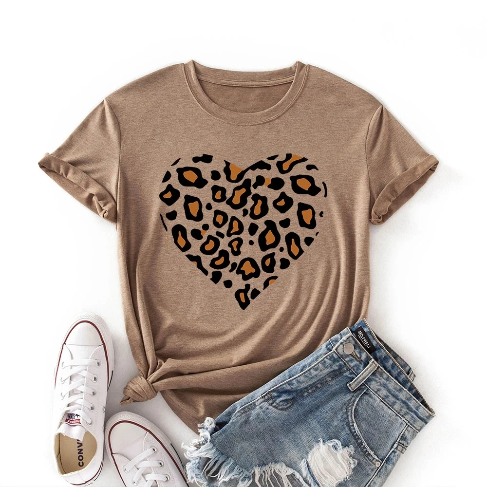 Leopard Love Heart Print Women Couple Love T Shirt Fashion Harajuku Colored Cotton Graphic Tees Shirt Femme Unisex Clothes for Summer