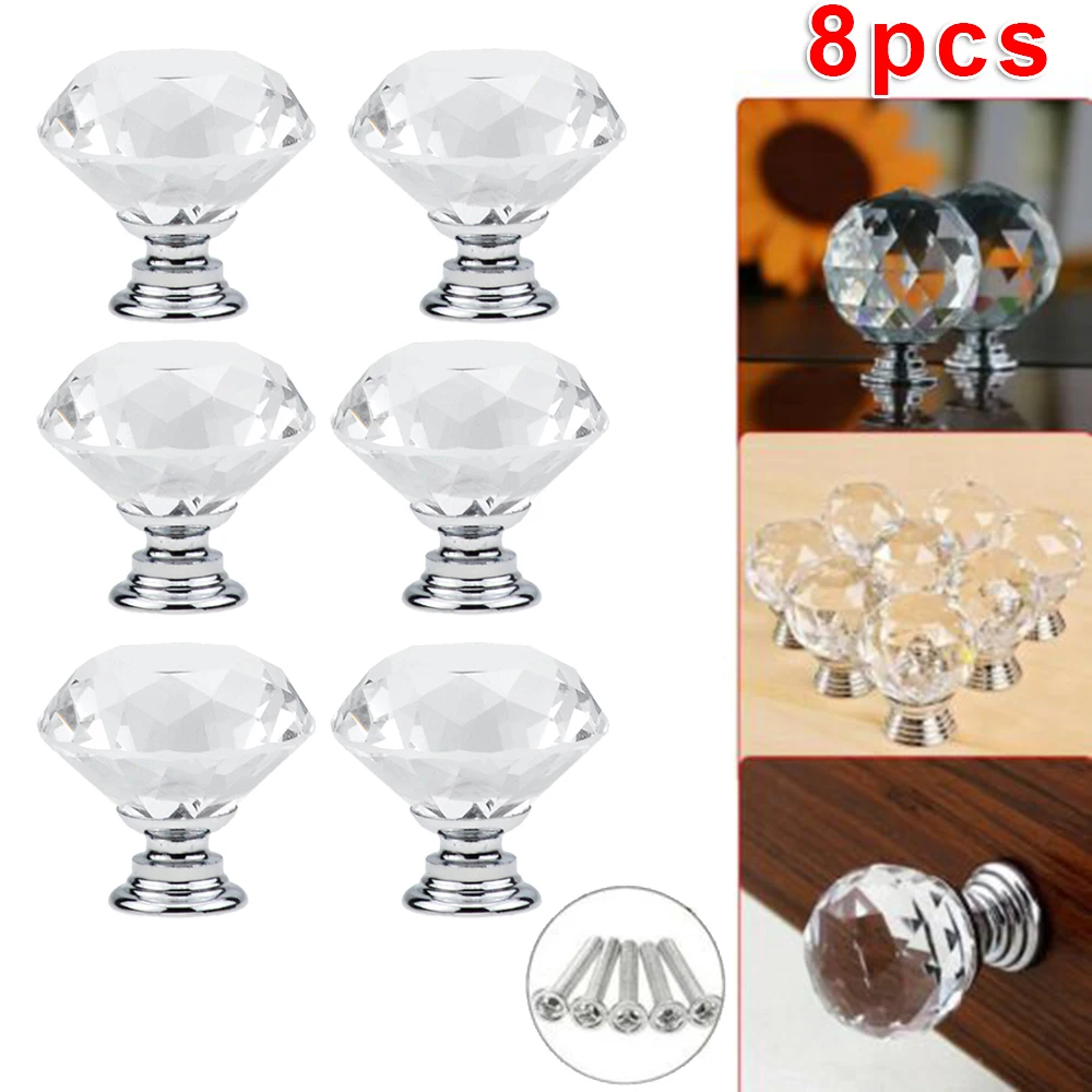 With diamond design 8 Sets Transparent Single Hole Cabinet Door Glass Handle Door Handle 30mm