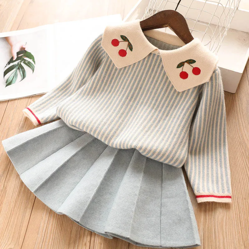 

Girls Sweater Set 2019 Autumn Baby Cherry Embroidered Sweater + Waist Skirt