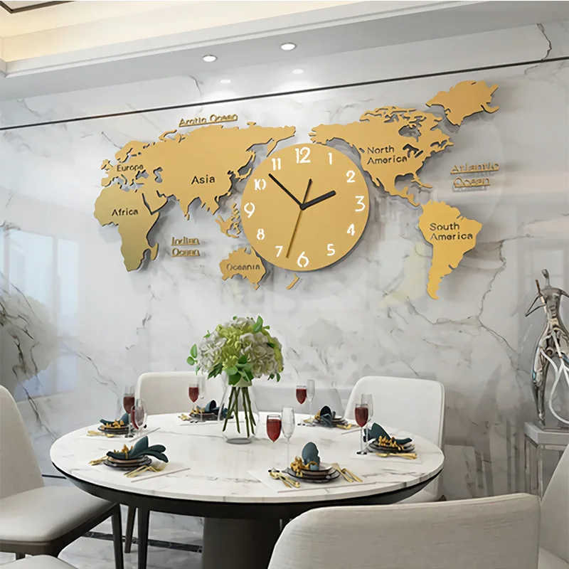 Люминесцентные простые настенные часы в скандинавском стиле, акриловые креативные модные часы с картой мира для украшения гостиной, бесшумный настенный Декор часов