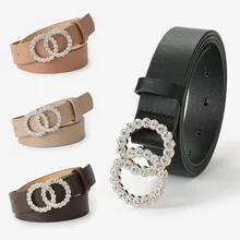 

Fashion Belt For Women High Quality Leather Designer Double Circle Shiny Diamond Buckle Female Waistband For Jeans Waist Girdle