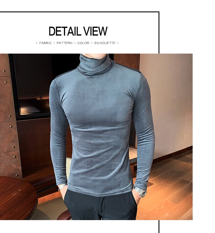 Азиатский размер Slim Fit стрейч бархат водолазка Мужская футболка с длинным рукавом осенние вечерние Нежные мужские
