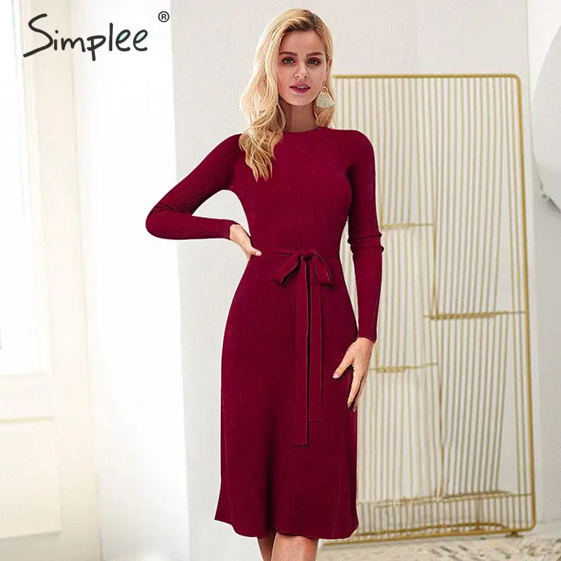 Simplee Элегантное женское вязаное платье свитер A Line с длинным рукавом зимнее