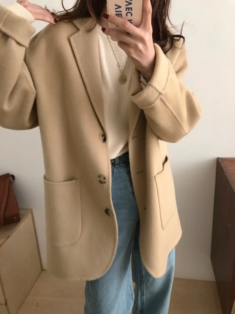 Korean Temperament Lapel Three Button Large Pocket Loose Versatile Long Sleeve Medium Long Woolen Coat Women 2021 N106 long puffer