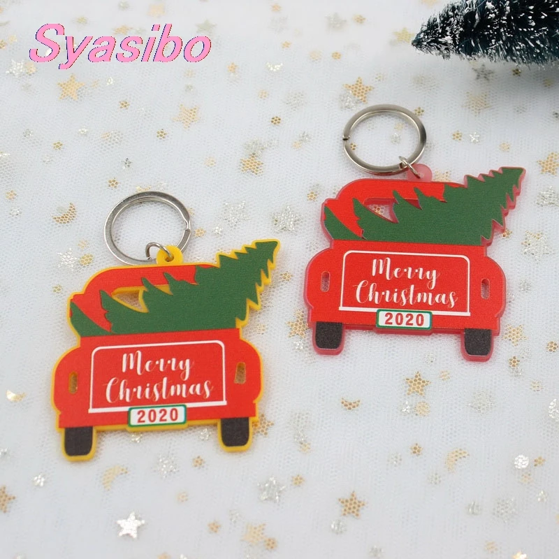 

63mm Acrylic Christmas Car Keychain 2.5inches Tree 2020 Printed Keychain Car Monogram Party Gift Laser Cutout-KC015