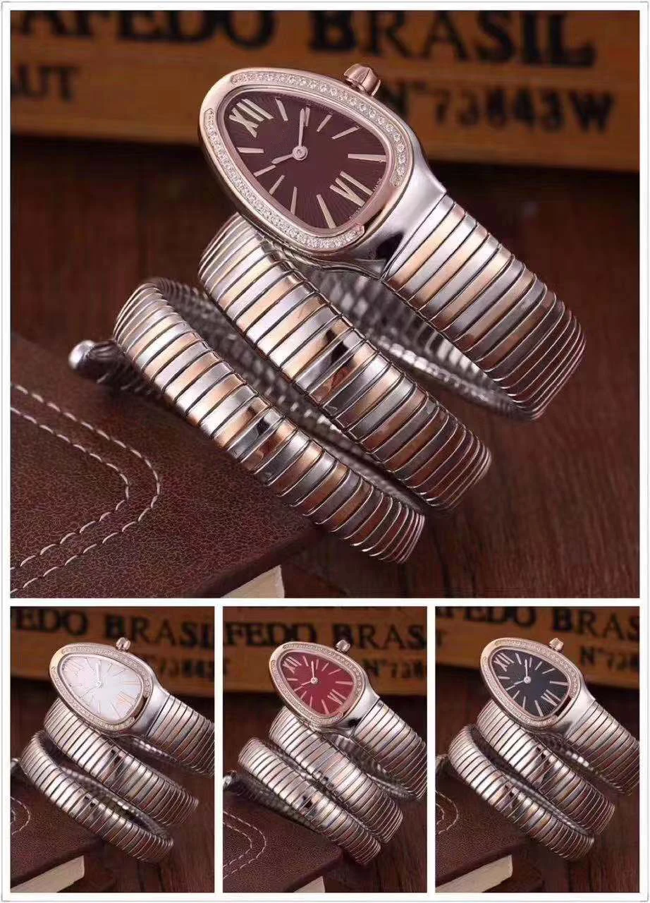 Luxury Brand New Women Snake Silver Rose Gold Long Bracelet Diamond Rome Japanese Quartz Stainless Steel Sapphire Dress Watch