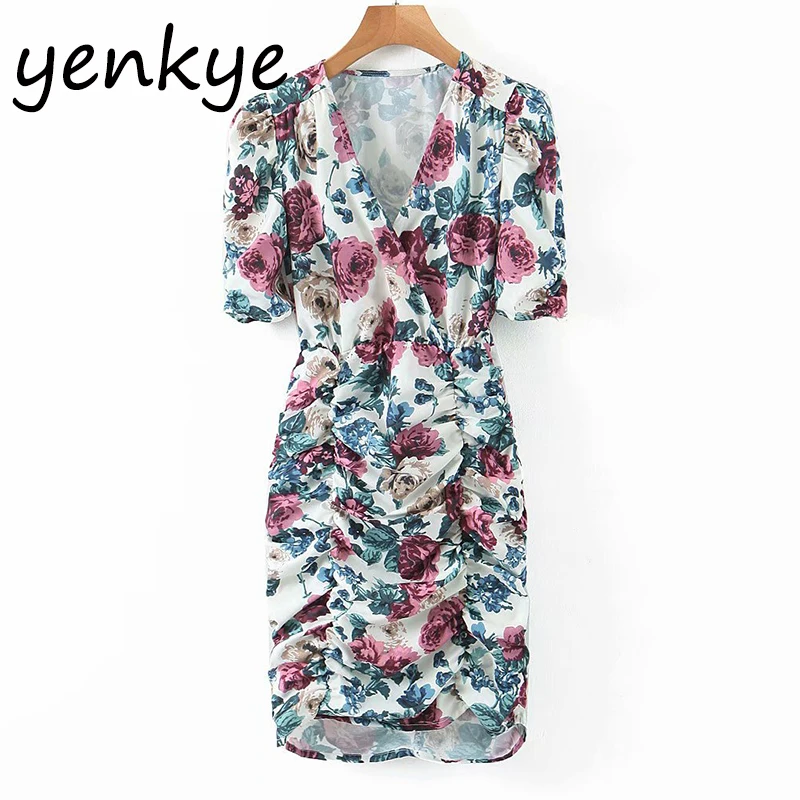 

Vintage Floral Print Draped Bodycon Dress Women Short Sleeve V Neck Sexy Mini Dress Summer Casual Party vestidos mujer XQB623