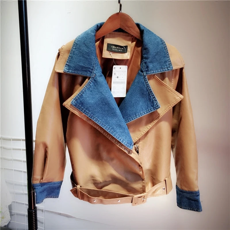 

[EWQ]2019 Winter New Pattern Denim Stitching Fake Two-piece Jacket Loose Motorcycle Short Full Sleeve Coffee Leather Coat QK606