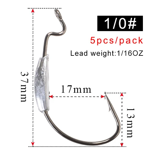 FISH KING 5pcs/pack Fishing Soft Worm Jig Lead Lure Hooks High Carbon Steel Wide Super Lock Fishhooks Lure Softjerk Hooks 2#-4/0 - Цвет: size 1-0