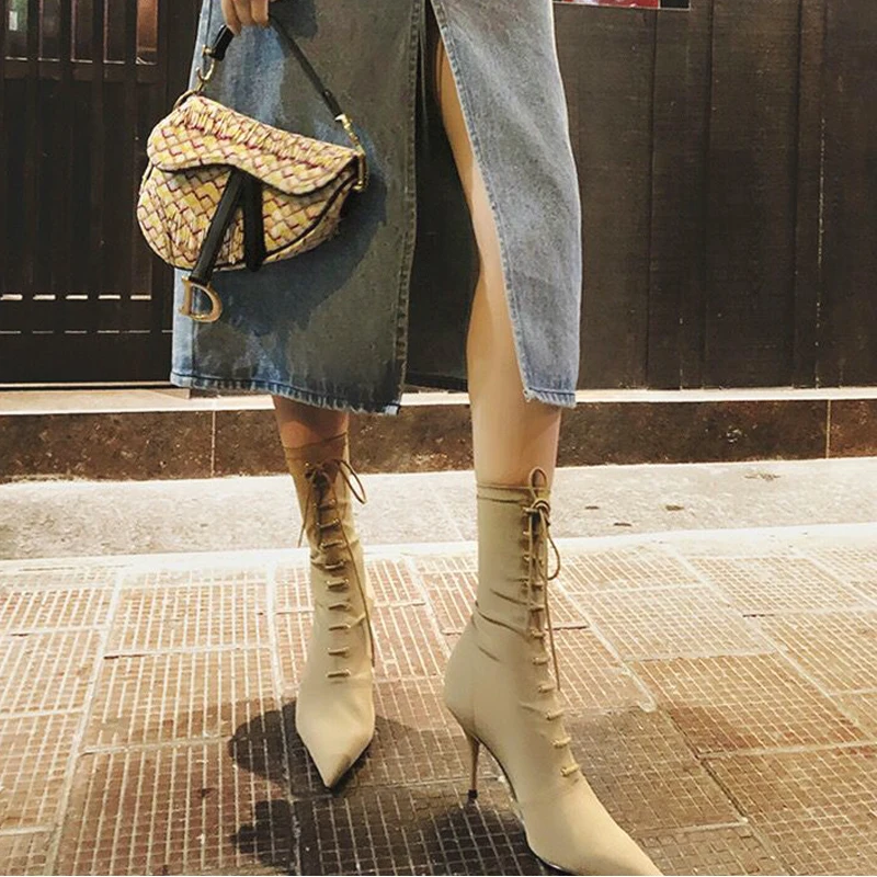 

Fashion Stretch Cloth Ladies Booties 2019 Autumn New Tube Thin Socks Boots with Fine with Winter Net Red High Heel Boots