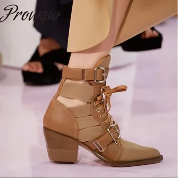 

Prowow New Genuine Leather Sexy Pointed Toe Ankle Boots Gladiator Lace Up Ankle Strap Thick Heel Cutout Boots Shoes Women